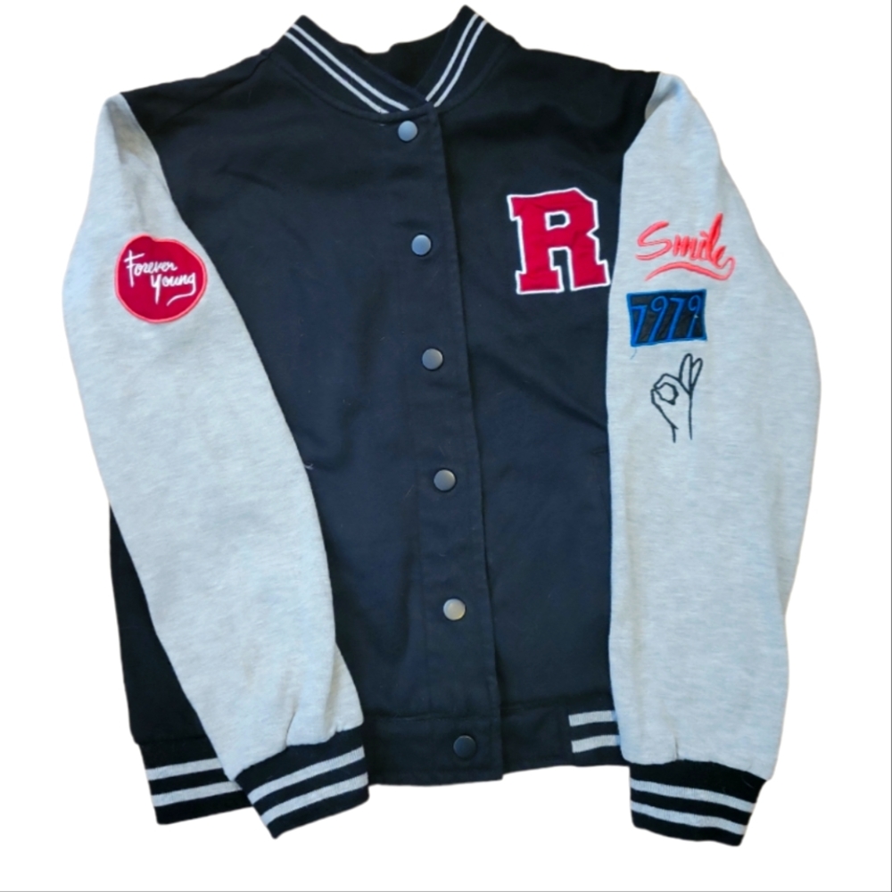 😊 HOST PK Vtg Cotton:On Varsity Jacket Sz S Forever Young Smile Okay Black Gray